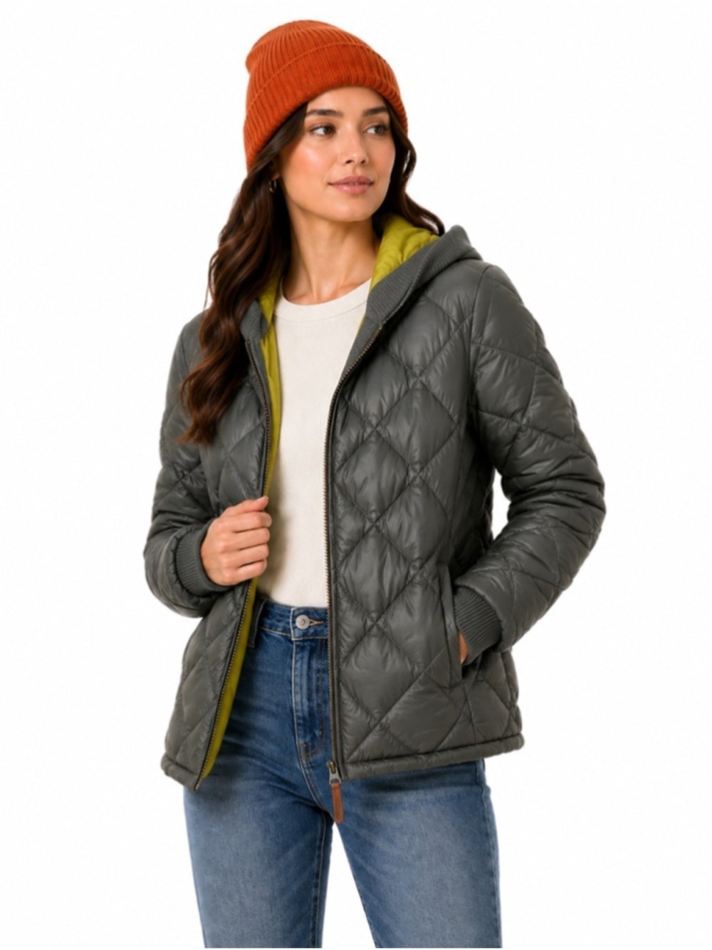 BAUER Eddie Bauer Premium Goose Down Puffer Parka Winter Coat Grey Lime, Medium
